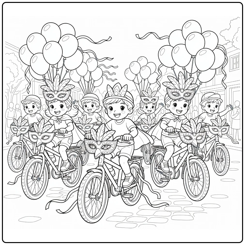 Carnaval Kleurplaat versierde fiets parade met kinderen
