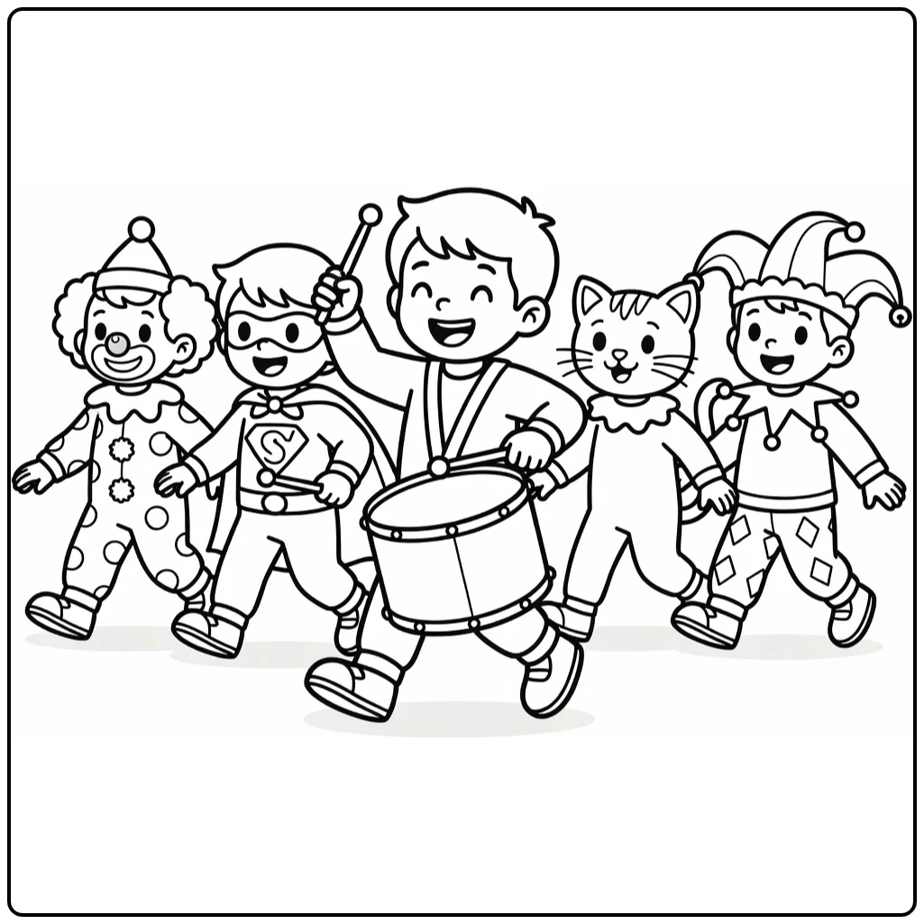 Carnaval Kleurplaat van drummer met kinderen in parade
