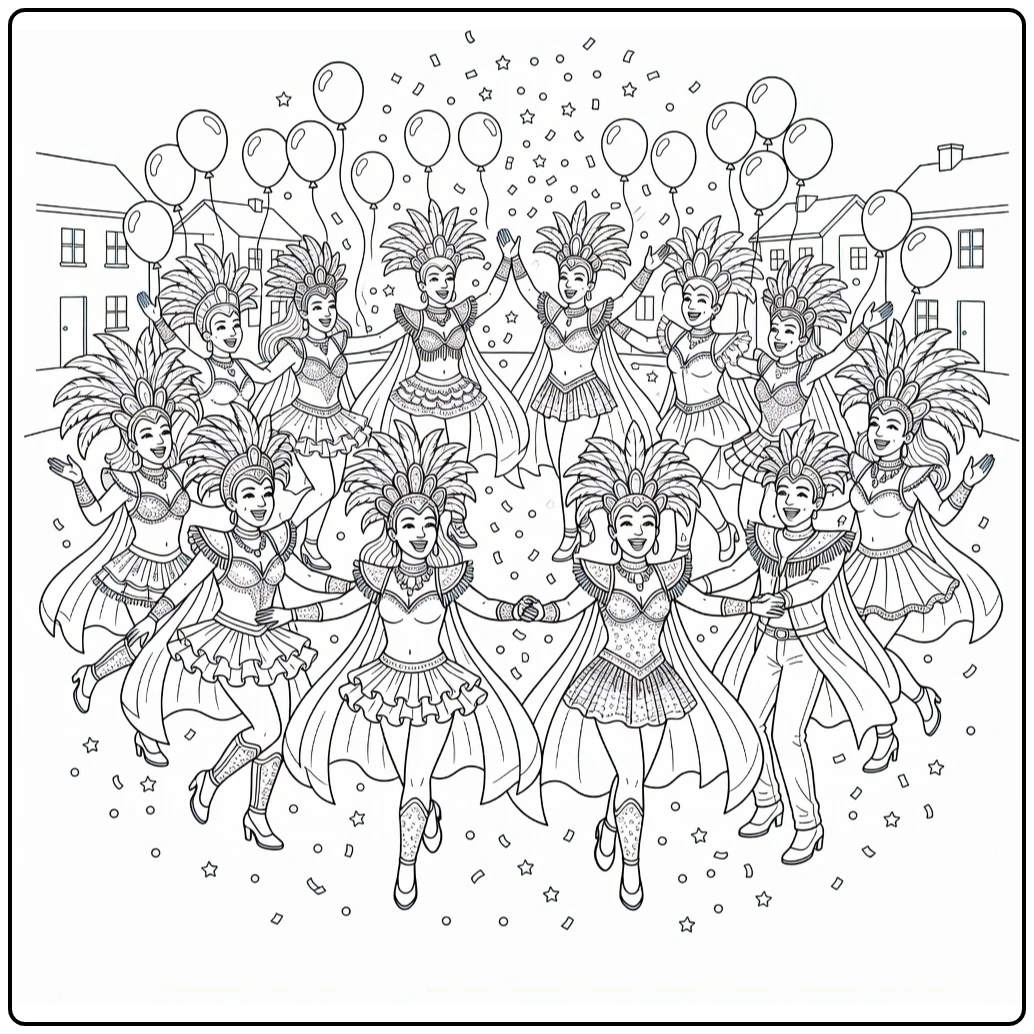 Carnaval Kleurplaat van dansers in een kring met confetti
