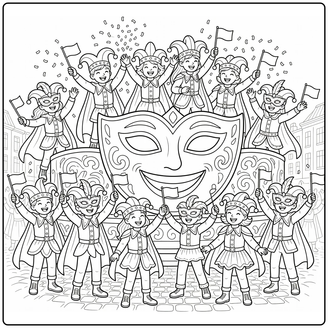 Carnaval Kleurplaat van vrolijke stoet met confetti