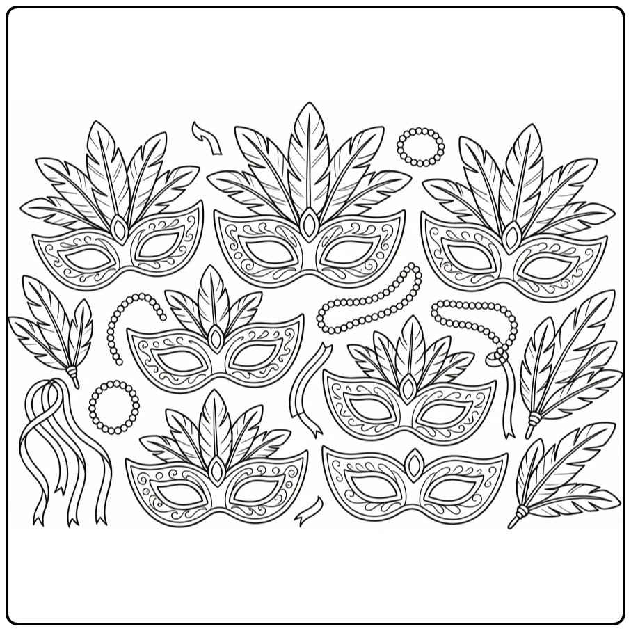 Carnaval Kleurplaat met maskers, veren en kralen