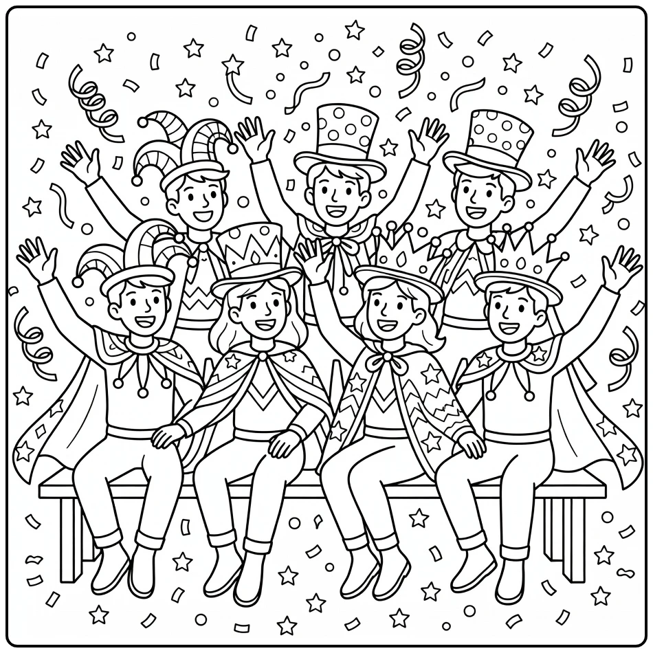 Carnaval Kleurplaat met vrienden op paradebank met hoeden