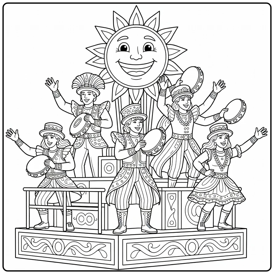 Carnaval Kleurplaat met lachende zon op praalwagen