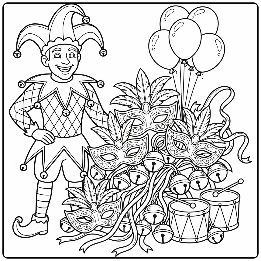 Carnaval Kleurplaat met jester en props zoals maskers
