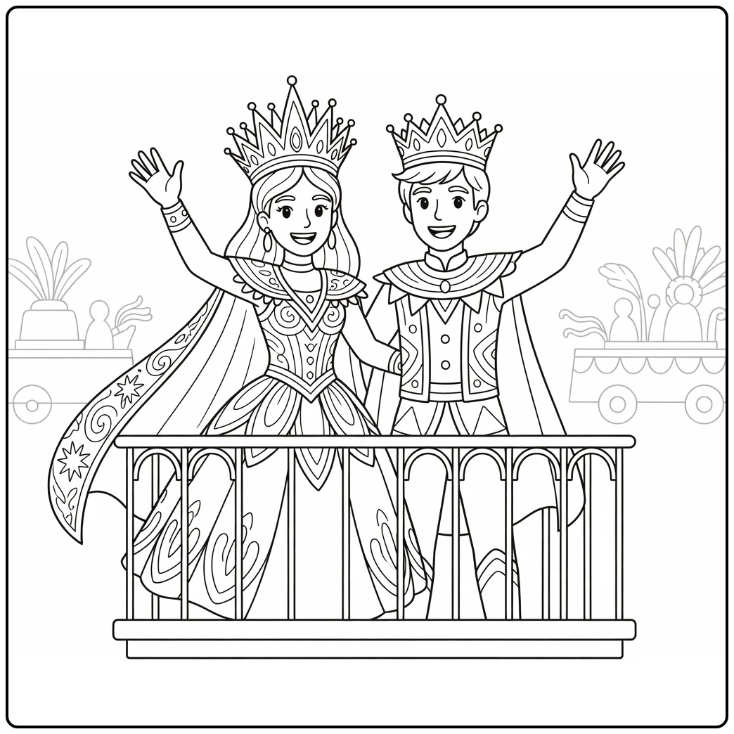 Carnaval Kleurplaat koningin en prins op versierd balkon