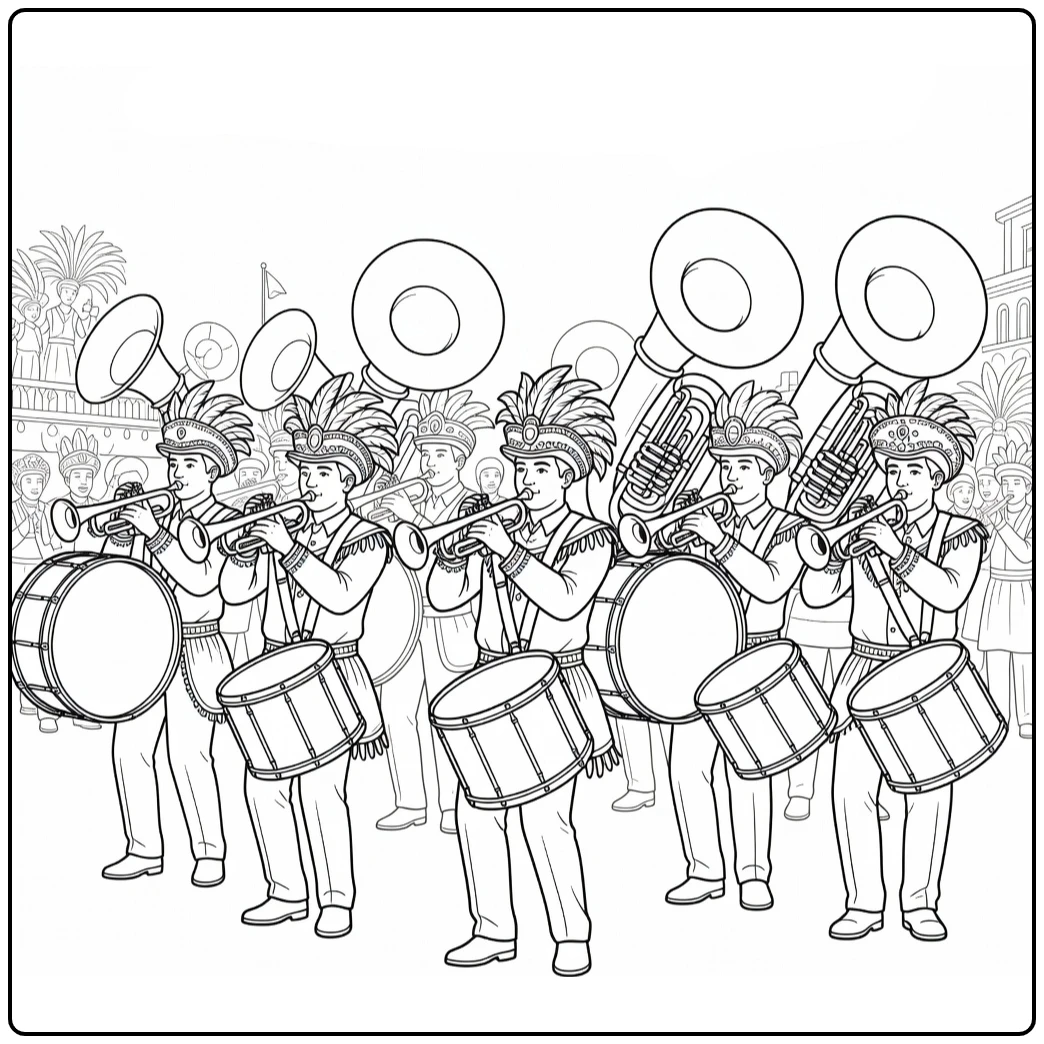 Carnaval Kleurplaat van marchingband met trompetten en drums