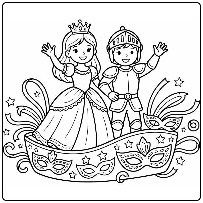 Carnaval Kleurplaat met prinses en ridder op praalwagen