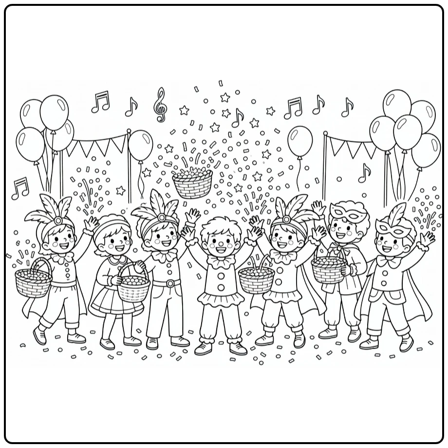 Carnaval Kleurplaat met kinderen die confetti gooien