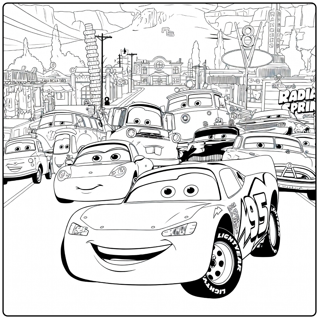 Cars 2 Kleurplaat Lightning McQueen en auto's