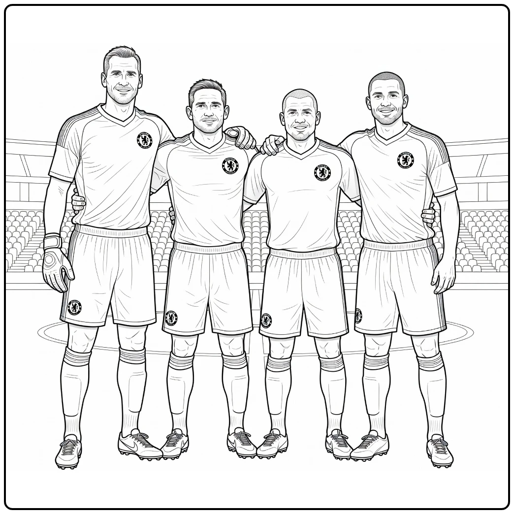 chelsea kleurplaat vier spelers arm in arm voor match