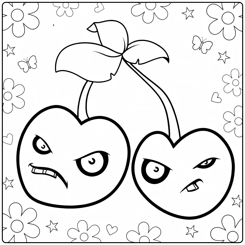 Cherry Bomb Kleurplaat met boze kersen en bloemen eromheen