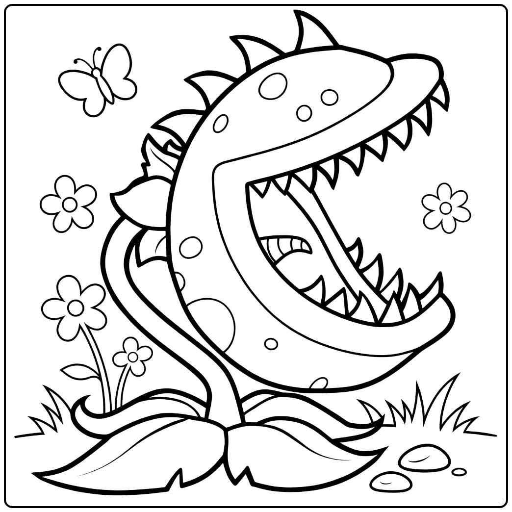 Chomper Kleurplaat met bloemen vlinder en gras