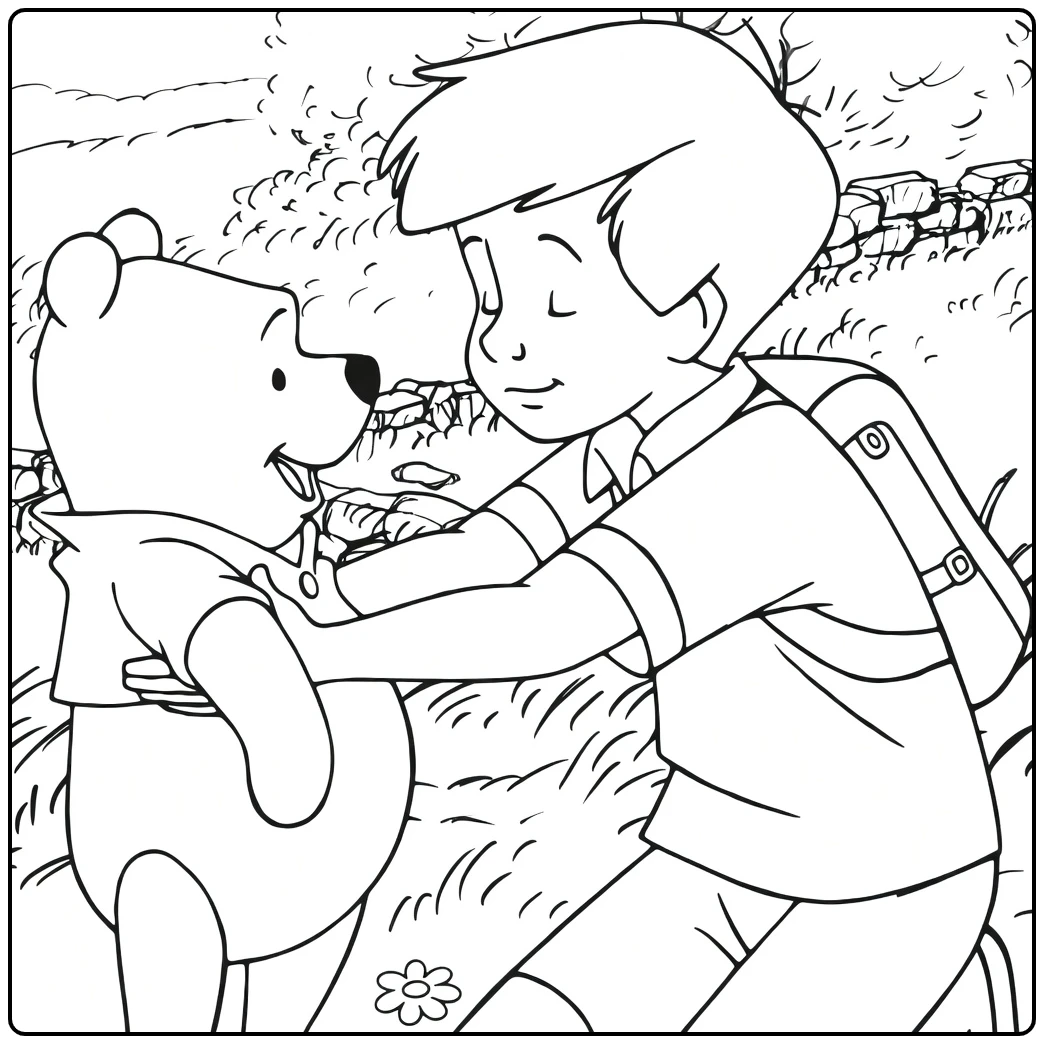 Christopher Robin Kleurplaat met Pooh omhelzing in natuur