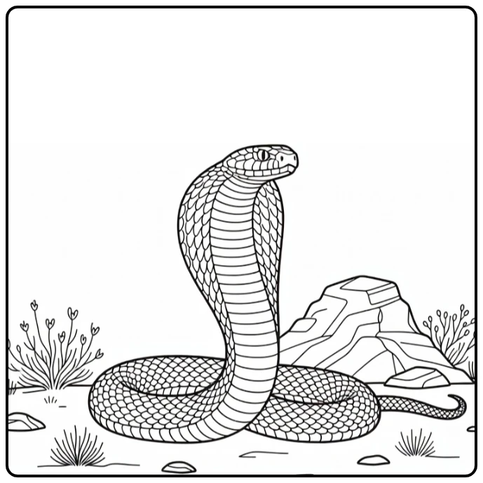 Cobra Kleurplaat met opgerichte cobra naast woestijnrots