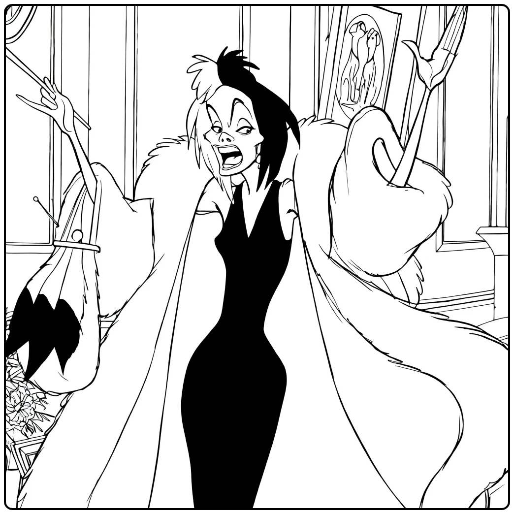 Cruella de Vil Kleurplaat met dramatische bontjas pose