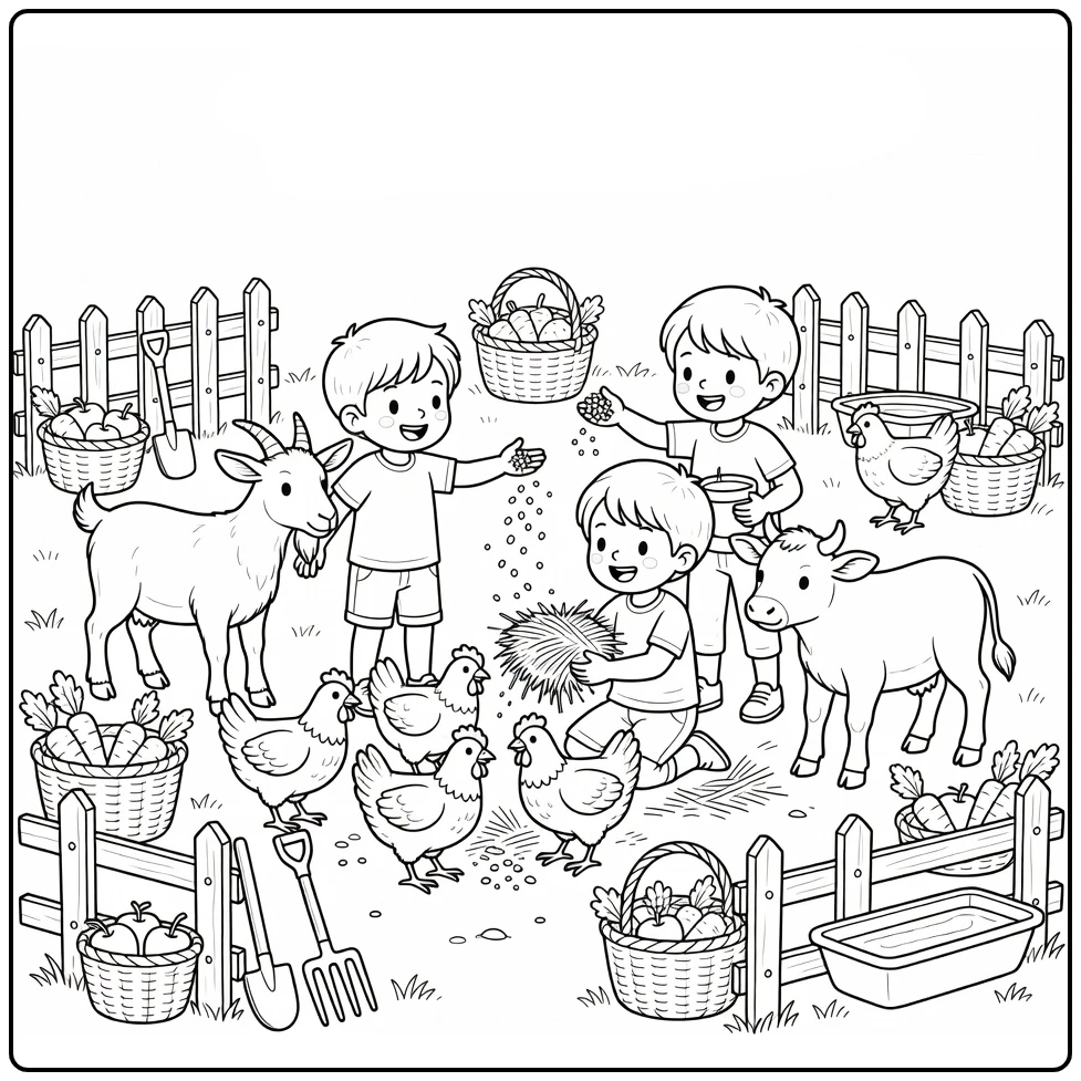 Dierendag Kleurplaat met kinderen die kippen en geiten voeren