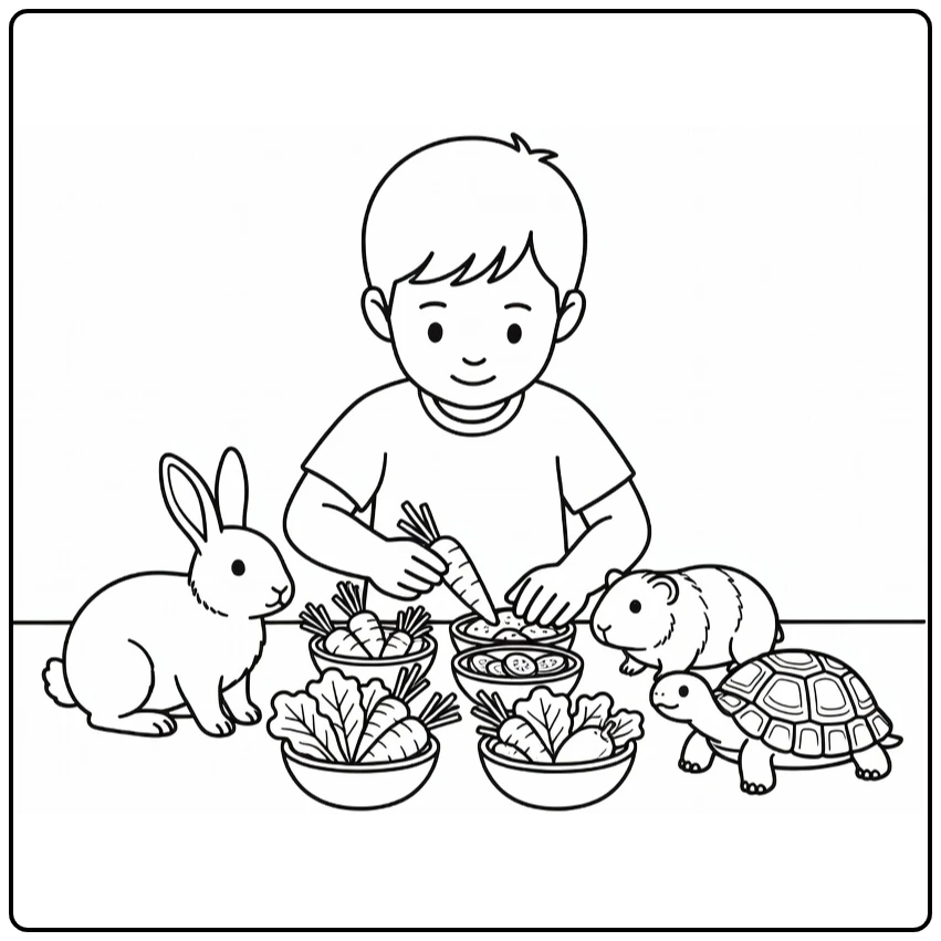 Dierendag Kleurplaat kind met konijn cavia schildpad
