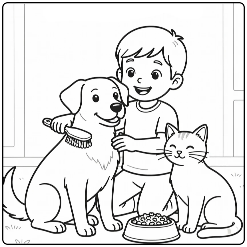 Dierendag Kleurplaat met kind dat hond borstelt en kat