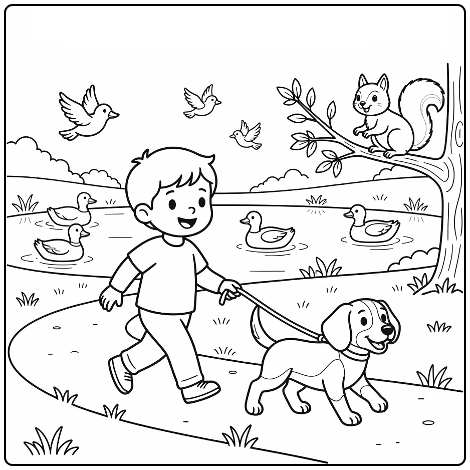 Dierendag Kleurplaat kind wandelt met hond in park
