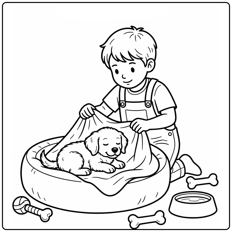 Dierendag Kleurplaat kind en puppy in hondenbed