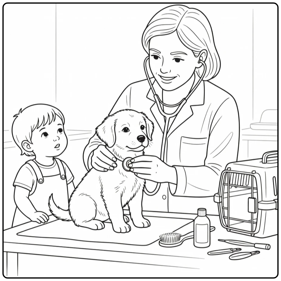 Dierendag Kleurplaat dierenarts checkt puppy met stethoscoop