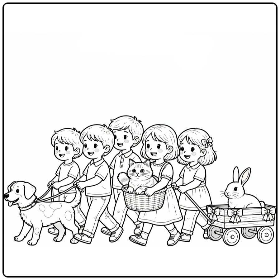 Dierendag Kleurplaat met kinderen en huisdierenparade