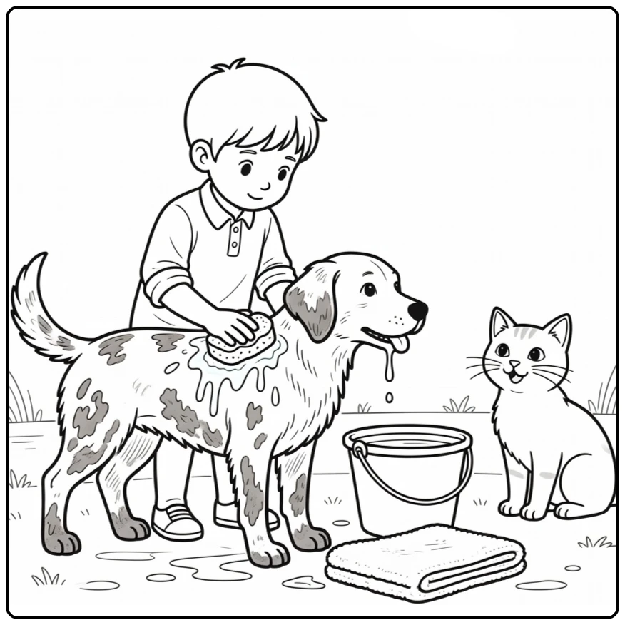 Dierendag Kleurplaat kind wast modderige hond met kat