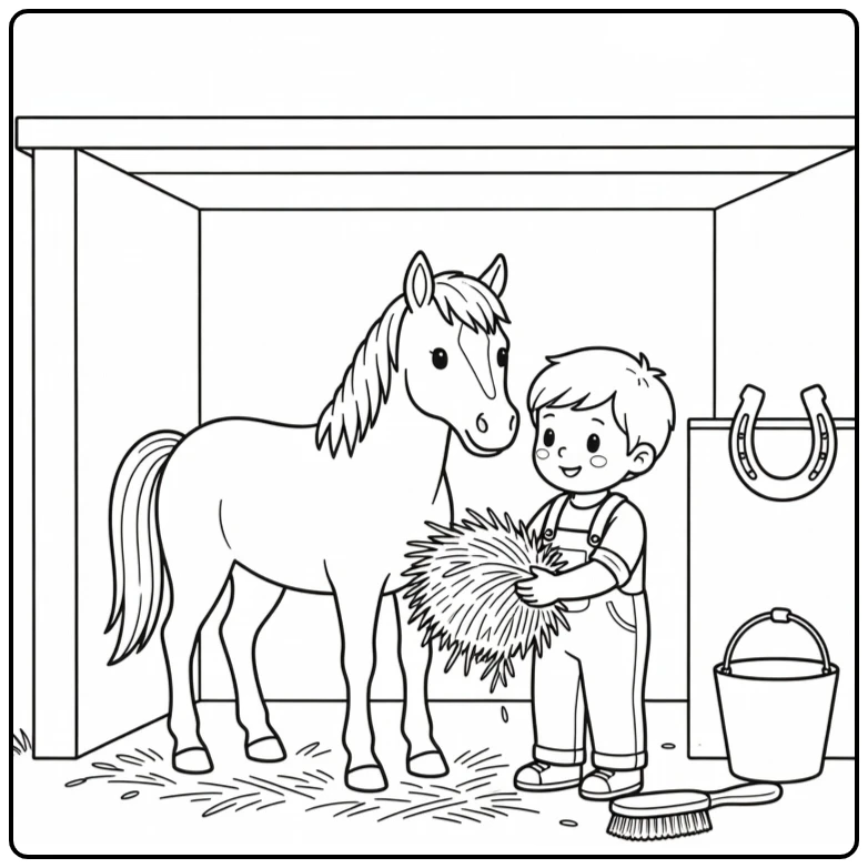 Dierendag Kleurplaat kind met pony in stal met hooi