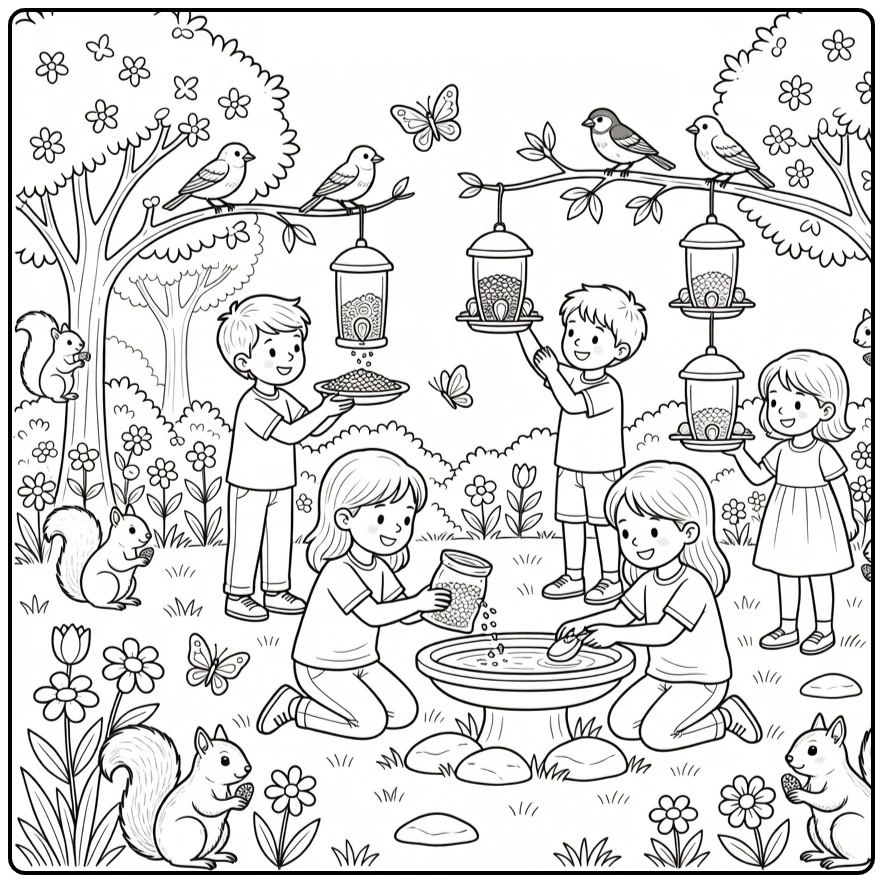 Dierendag Kleurplaat met kinderen, vogels en vlinders in tuin