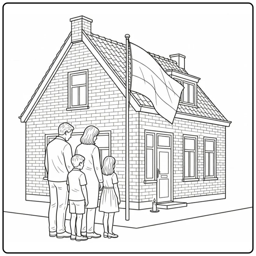 Dodenherdenking Kleurplaat van familie met halfstok vlag