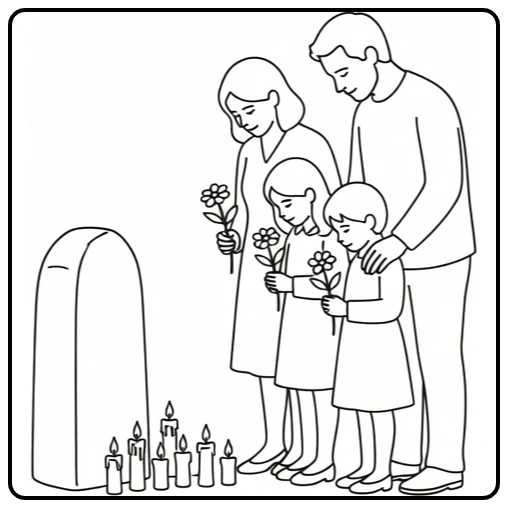 Dodenherdenking Kleurplaat familie bij gedenksteen met bloemen