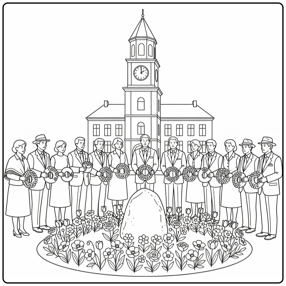 Dodenherdenking Kleurplaat plein met klokkentoren en gedenksteen