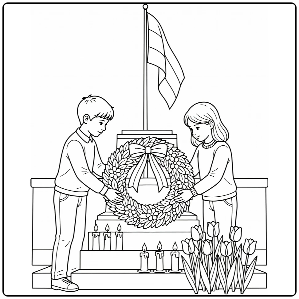 Dodenherdenking Kleurplaat met krans en twee kinderen