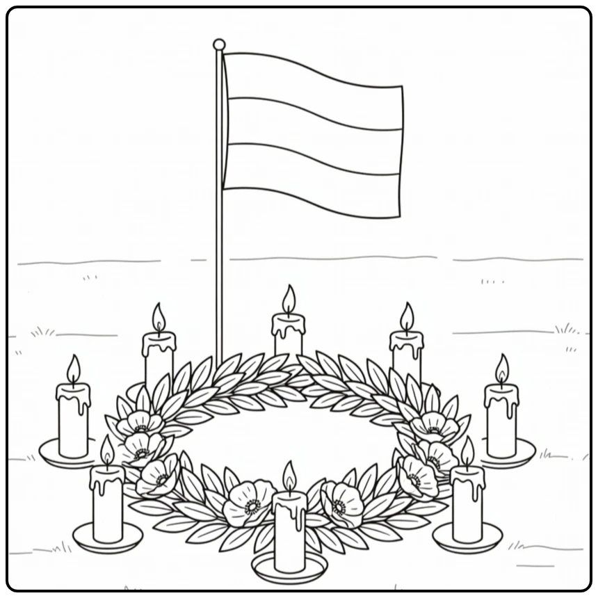 Dodenherdenking Kleurplaat kaarsen krans vlag halfstok