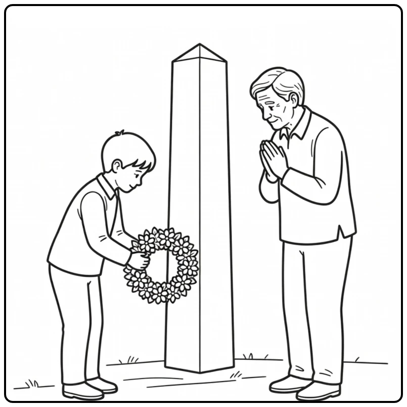 Dodenherdenking Kleurplaat: kind legt krans bij zuil