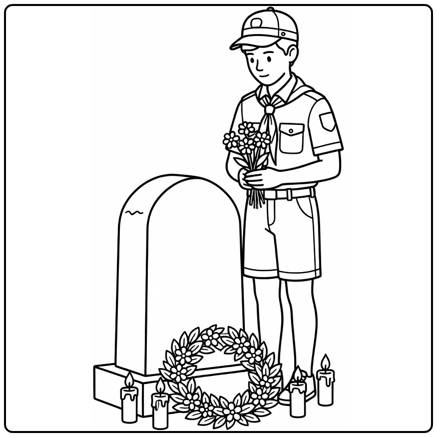 Dodenherdenking Kleurplaat jonge scout bij gedenksteen