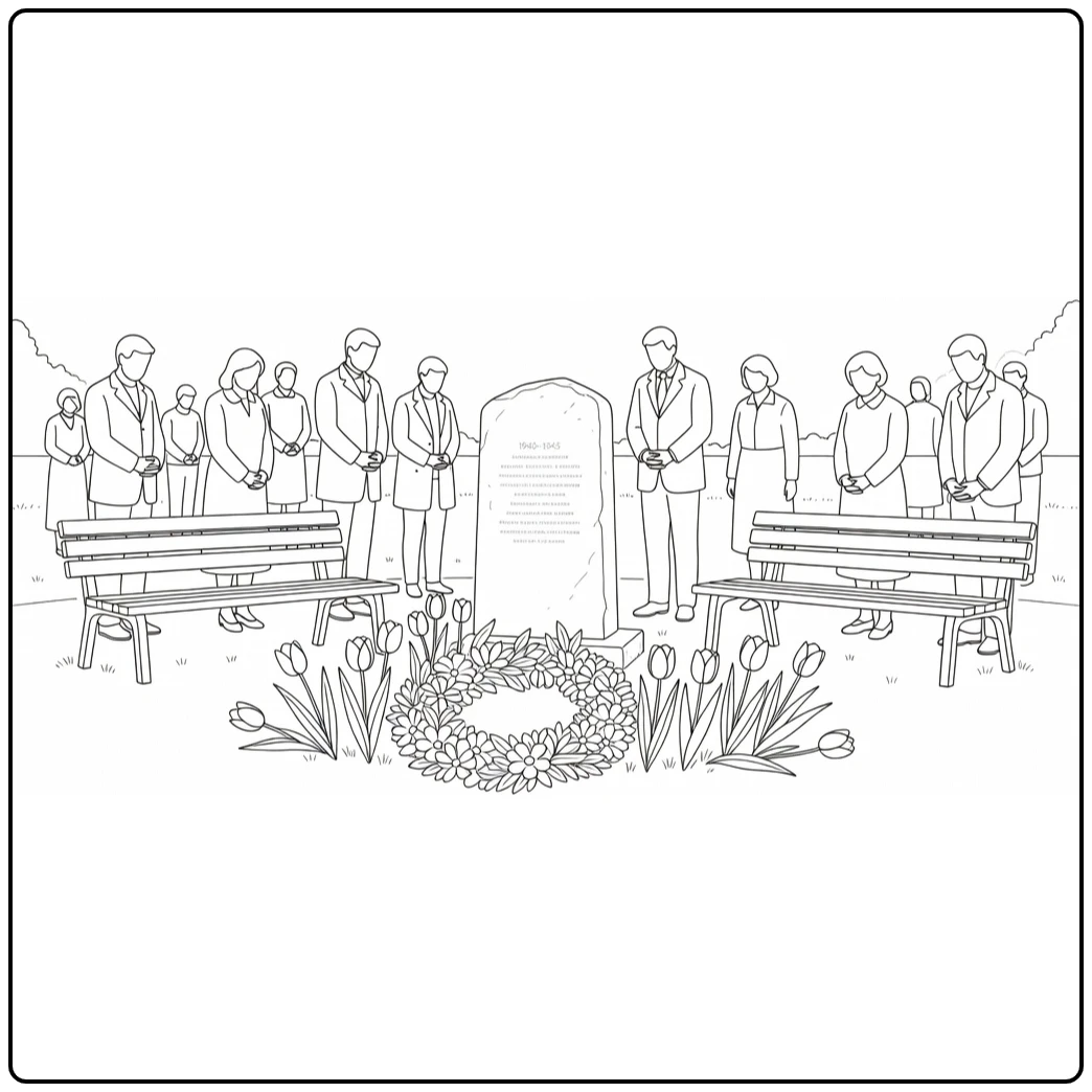 Dodenherdenking Kleurplaat parkmonument met tulpen en krans