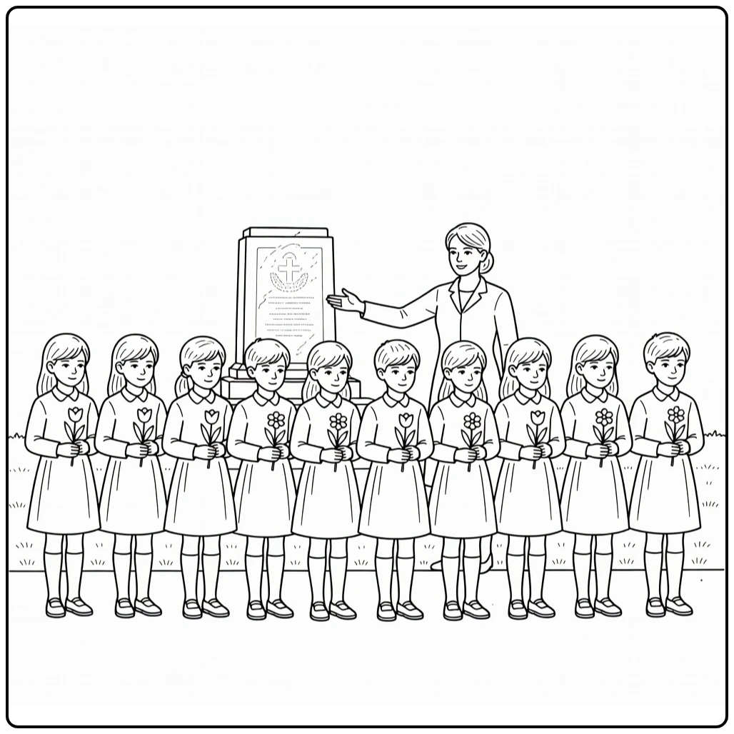 Dodenherdenking Kleurplaat kinderen met bloemen bij monument