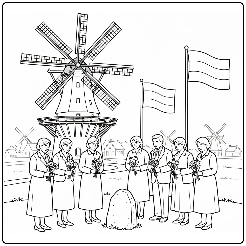 Dodenherdenking Kleurplaat bij windmolen met herdenkingssteen
