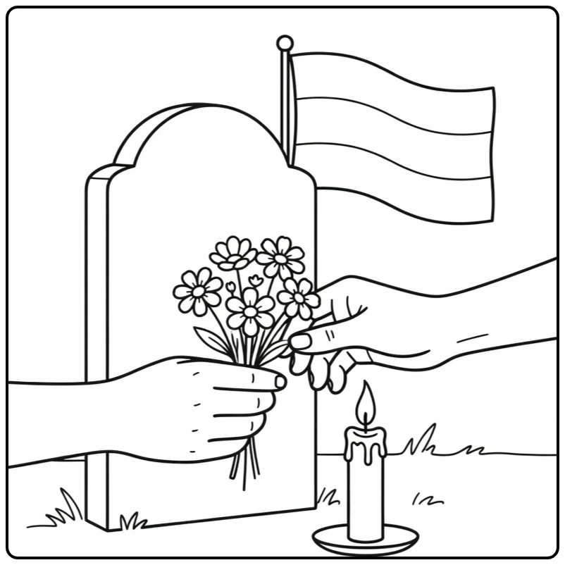 Dodenherdenking Kleurplaat met handen bloemen en kaars