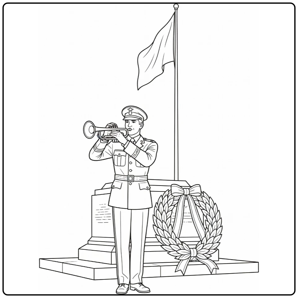 Dodenherdenking Kleurplaat trompettist bij monument met krans