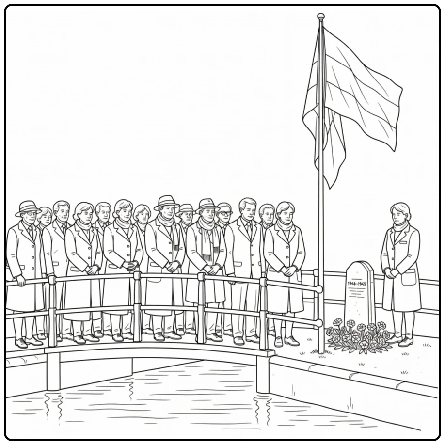 Dodenherdenking Kleurplaat met brug en stille mensen langs kanaal