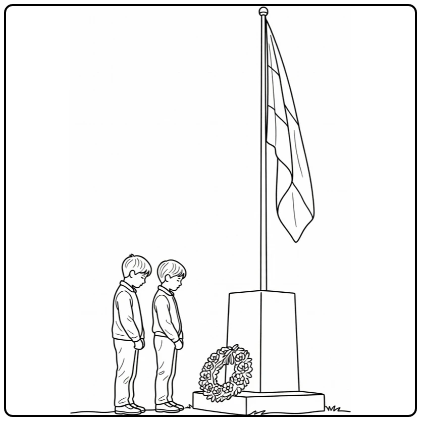 Dodenherdenking Kleurplaat kinderen bij herdenkingsmonument