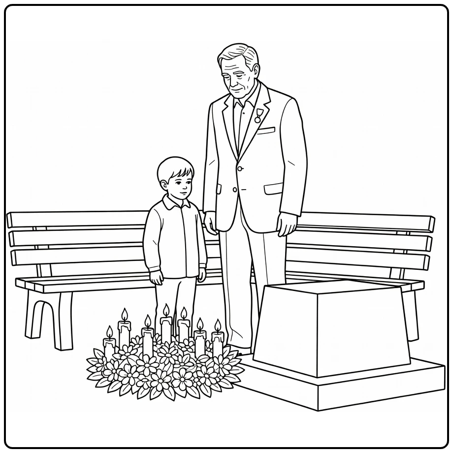 Dodenherdenking Kleurplaat met veteraan en kind bij monument
