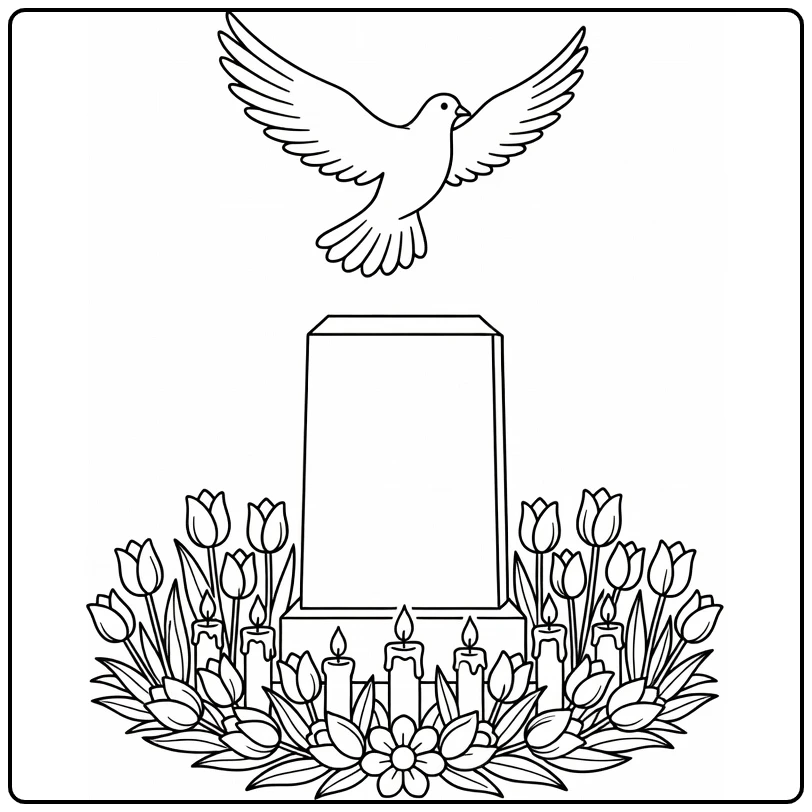 Dodenherdenking Kleurplaat met duif boven monument en tulpen