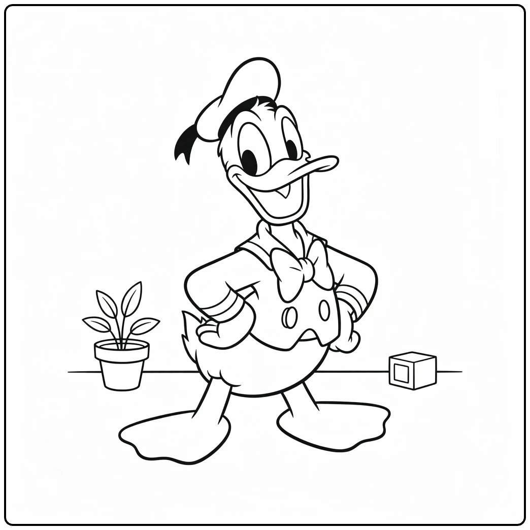 Donald Duck Kleurplaat met potplant en kubus