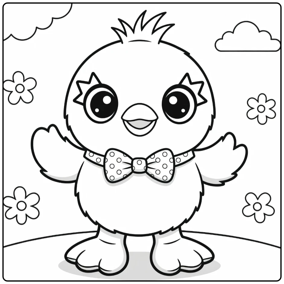 Ducky Kleurplaat schattige eend met strik en bloemen