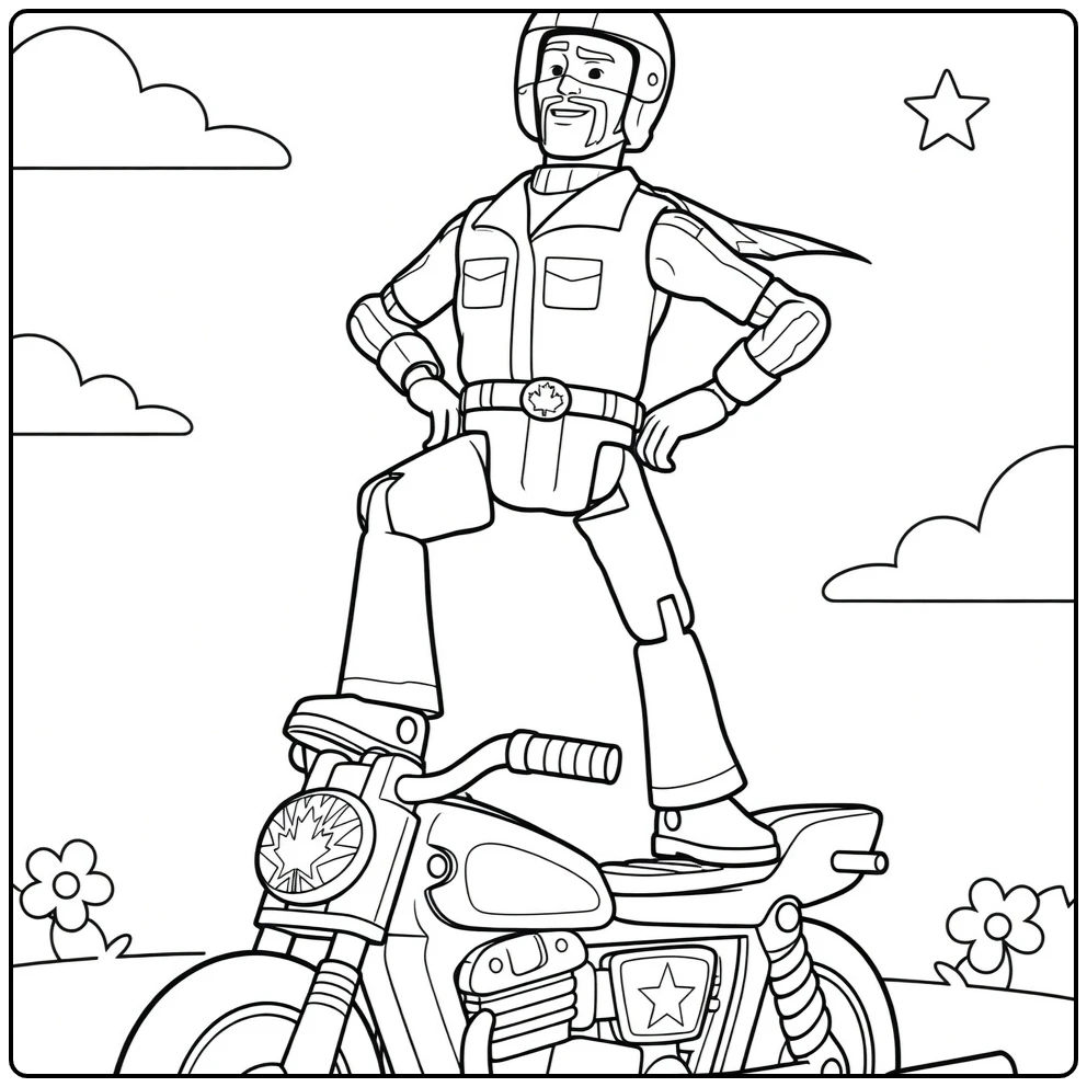 Duke Caboom Kleurplaat superheld op motorfiets met wolken