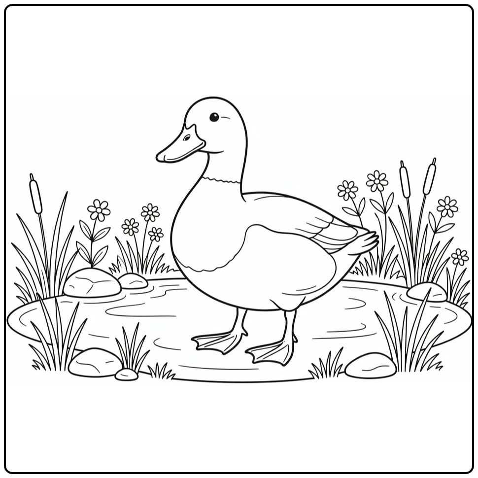 Eend Kleurplaat met eend bij vijver en bloemen