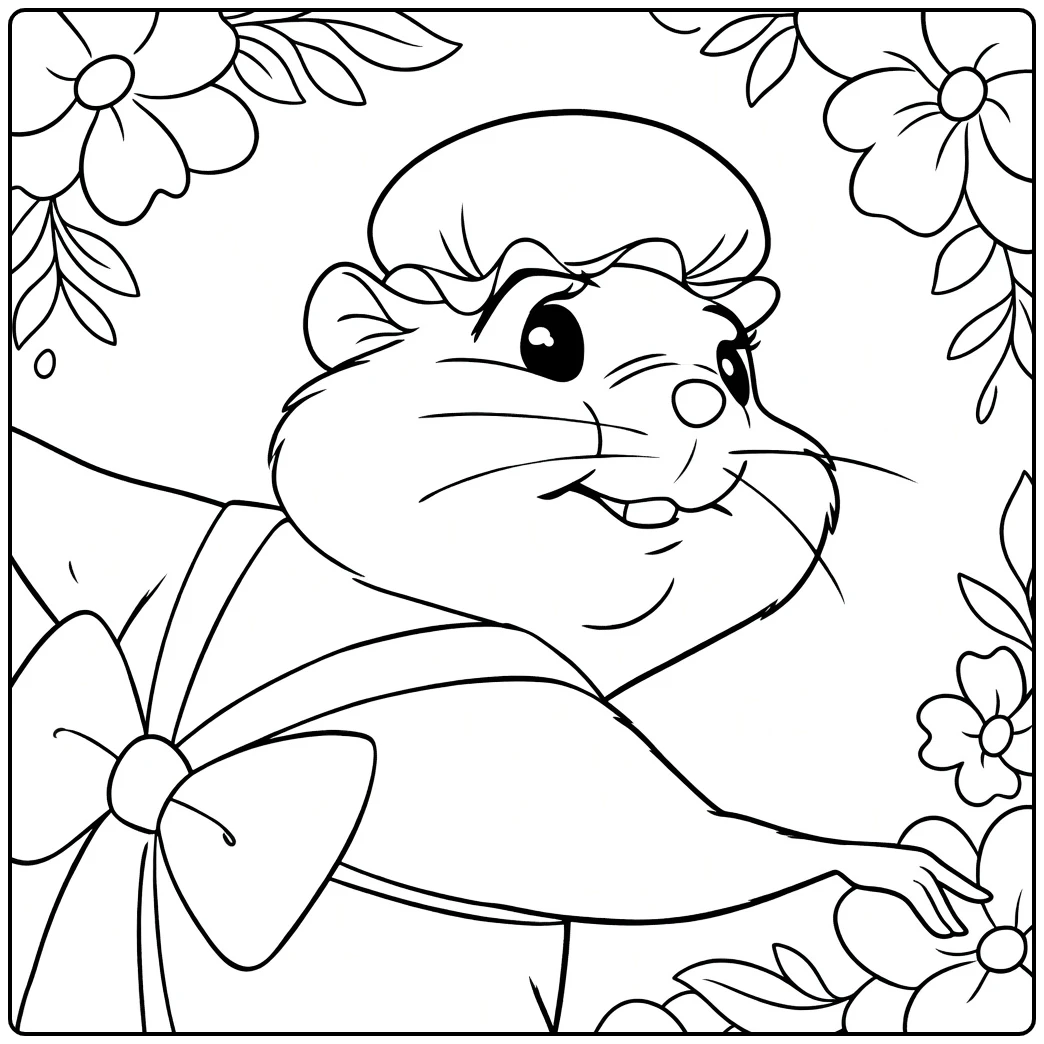 Ellie Mae Kleurplaat schattige hamster met bloemen en strik